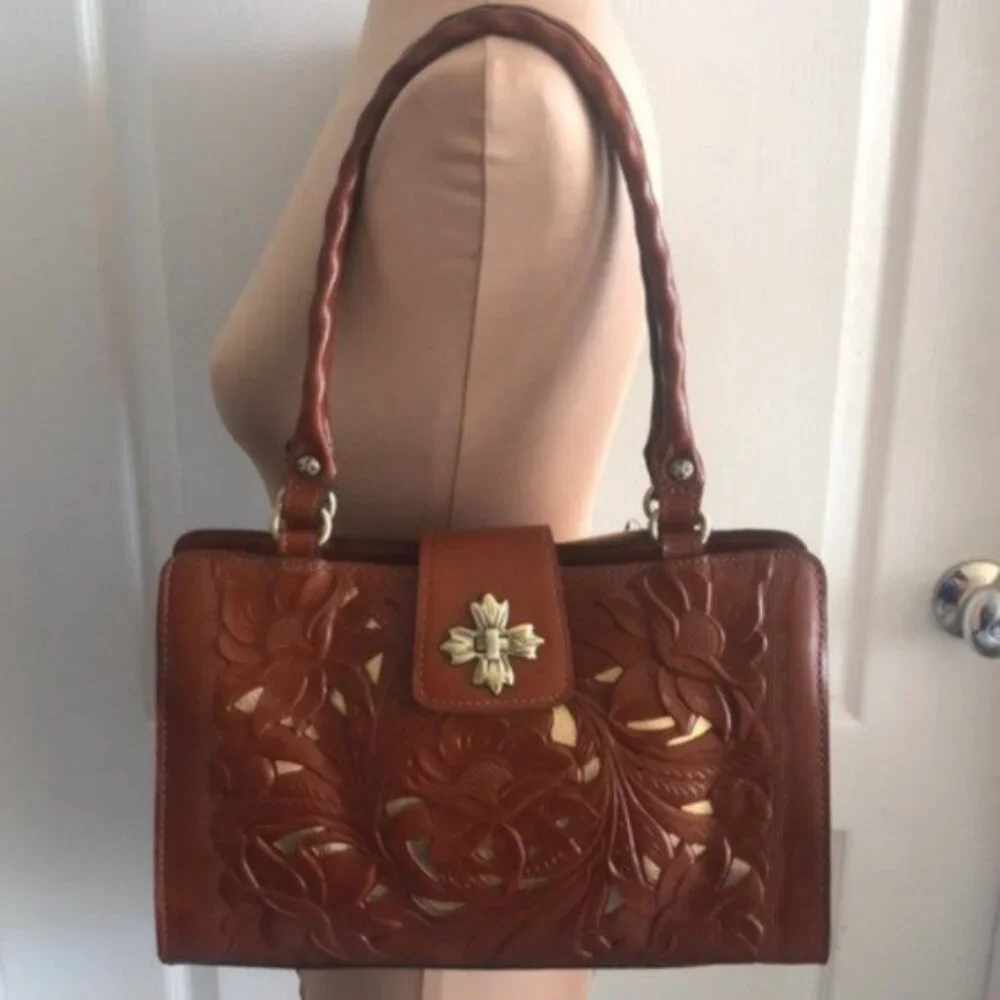 Patricia NASH Rosina Leather Cut Out Tooled Shoulder Handbag Tan